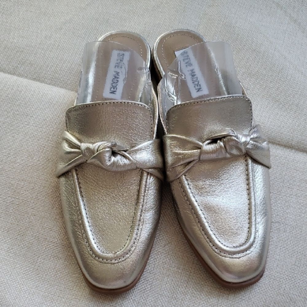 Steve Madden Shoes Womens 6.5 Metallic Gold Chart Mules Non Skid Holiday Flat